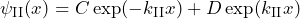 \[ \psi_{\text{II}}(x) = C \exp(-k_{\text{II}} x) + D \exp(k_{\text{II}} x) \]