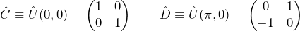 \hat{C} \equiv \hat{U} (0,0) = \begin{pmatrix} 1 & 0 \\ 0 & 1 \end{pmatrix} \qquad \hat{D} \equiv \hat{U} (\pi,0) = \begin{pmatrix} 0 & 1 \\ -1 & 0 \end{pmatrix}