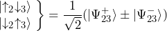 \begin{matrix} \ket{\uparrow_2 \downarrow_3} \\ \ket{\downarrow_2 \uparrow_3} \end{matrix} \left. \vphantom{\begin{matrix} 1\\2 \end{matrix}} \right\} = \dfrac{1}{\sqrt{2}} (\ket{\Psi^+_{23}} \pm \ket{\Psi^-_{23}})