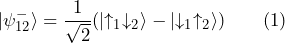 \ket{\psi^-_{12}} = \dfrac{1}{\sqrt{2}} (\ket{\uparrow_1 \downarrow_2} - \ket{\downarrow_1 \uparrow_2}) \qquad \text{(1)}