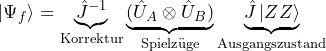 \ket{\Psi_f} = \underbrace{\hat{J}^{-1}}_{\text{Korrektur}} \underbrace{(\hat{U}_A \otimes \hat{U}_B)}_{\text{Spielz&uuml;ge}} \underbrace{\hat{J} \ket{ZZ}}_{\text{Ausgangszustand}}