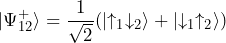 \ket{\Psi^{+}_{12}} = \dfrac{1}{\sqrt{2}} (\ket{\uparrow_1 \downarrow_2} + \ket{\downarrow_1 \uparrow_2})
