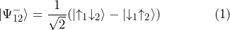 \ket{\Psi^{-}_{12}} = \dfrac{1}{\sqrt{2}} (\ket{\uparrow_1 \downarrow_2} - \ket{\downarrow_1 \uparrow_2}) \qquad \qquad \text{(1)}